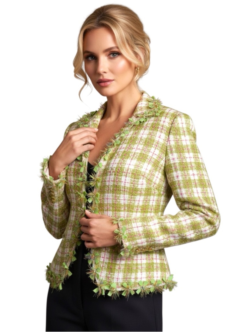 Anthracite Pastel Green Tweed Fringe-Trim Blazer. Women’s Size 8